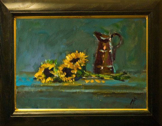 Sunflowers next to Copper Jug