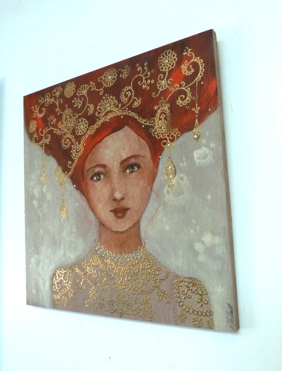 Blanche, pensive. Painting on wood: Redheaded woman in an icon style