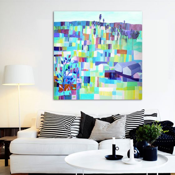 Patchwork landscape (large contemporary semi abstract painting, ready to hang abstract landscape)