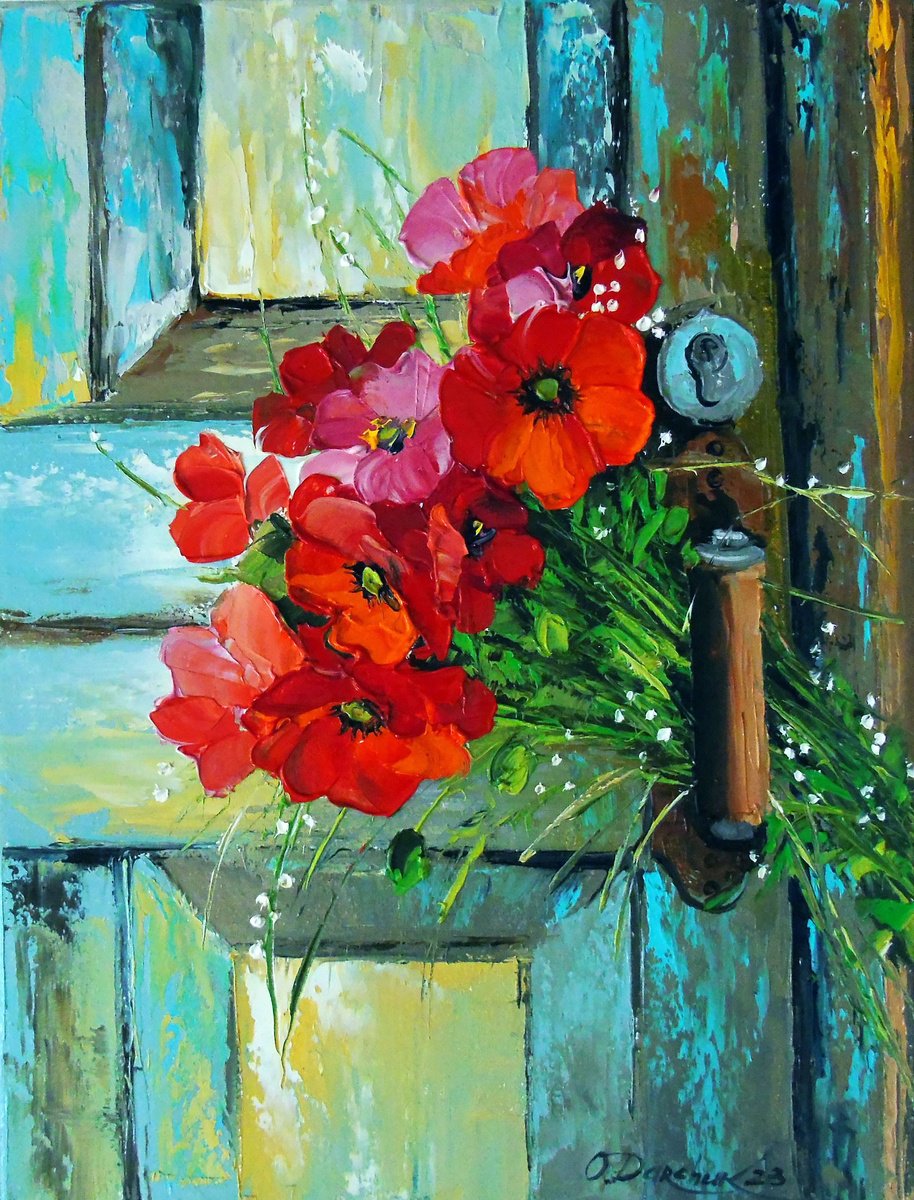 Impressionistic Botanical Oil Painting By Olha Darchuk, 12 X 16", Bouquet Of Poppies, Original Artwork