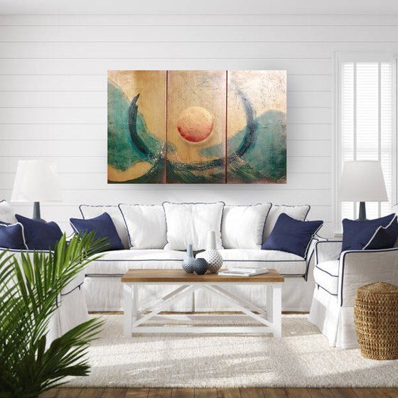 Japanese enso J296 - large copper textured triptych, original art, japanese style paintings by artist Ksavera