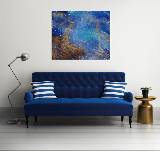 "The unknown beckons" space, sky, sea landscape, original acrylic painting, abstract art, office home decor, blue, gold, copper