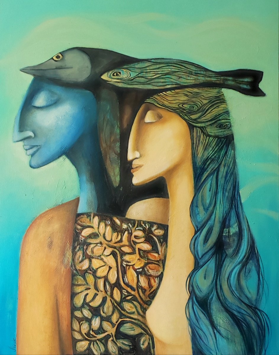 Expressive Portrait Oil Painting By Anna Soghomonyan, 39 X 51, On The Same Wave, Original Artwork