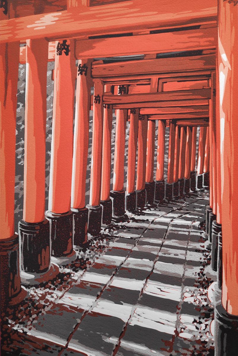 Impressionistic Cityscapes Linocut By Alexandra Buckle, 10 X 14, Black And Red Fushimi Inari, Original Artwork