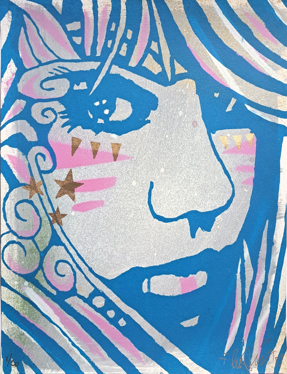 Urban And Pop Portrait Screenprint By Copyright, 11 X 14, Kitsune In Blue, Original Artwork