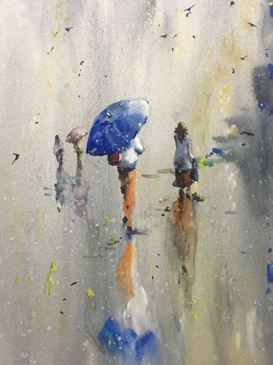 SOLD Watercolor “Lady with blue umbrella” special gift