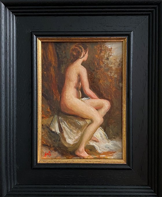 Old Master style female nude figure oil painting, with wooden frame.