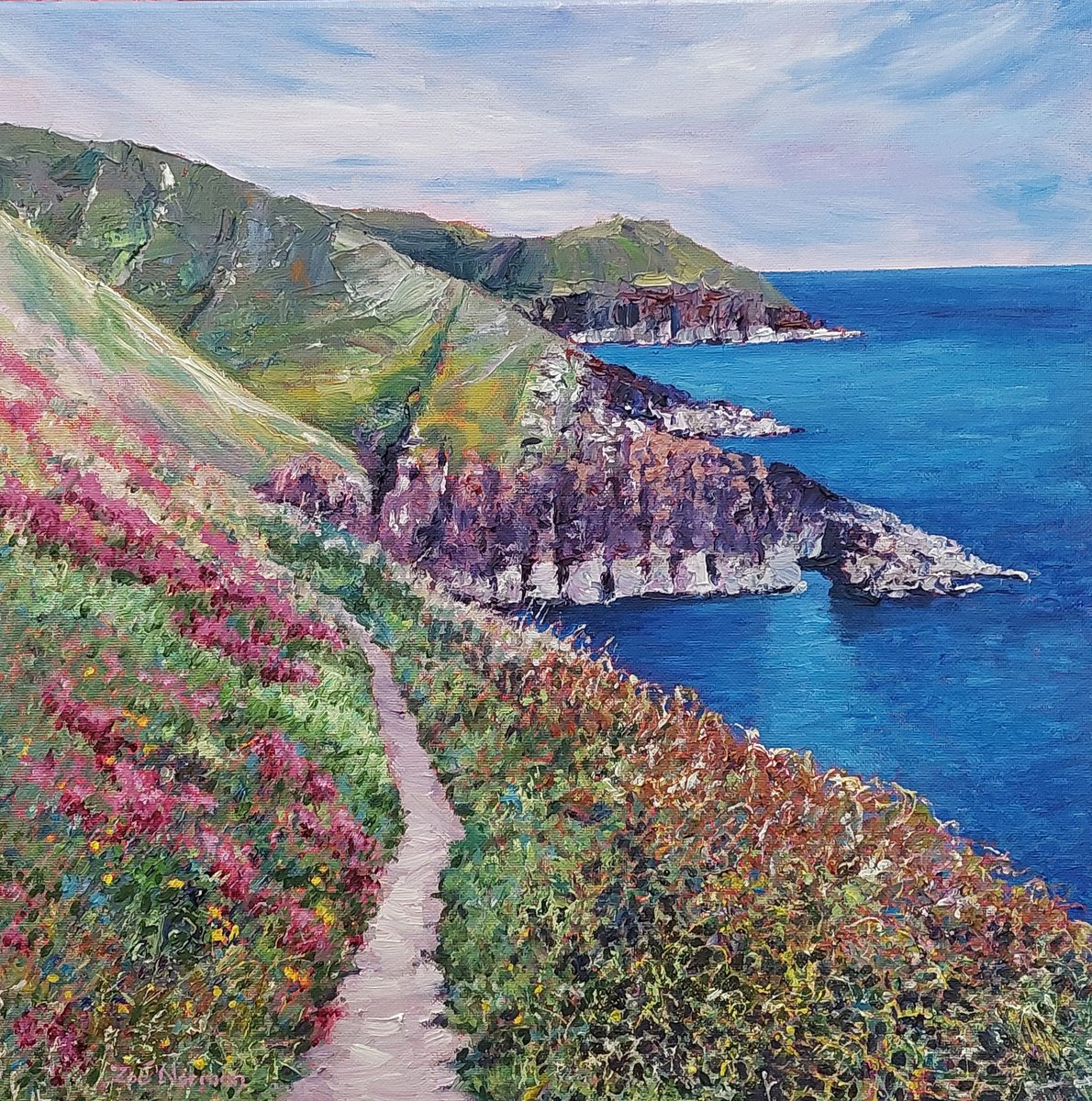 Impressionistic Landscape Oil Painting By Zoe Elizabeth Norman, 16 X 16", Coastal Path - Sea And Coast, Original Artwork