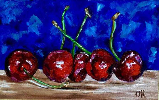 Cherries. Still life. Palette knife painting on linen canvas