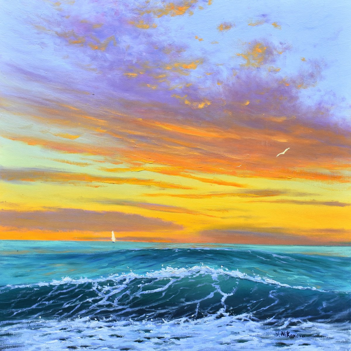 Impressionistic Landscape Oil Painting By Yulia Nikonova, 20 X 20", Sunset Over The Ocean, Original Artwork