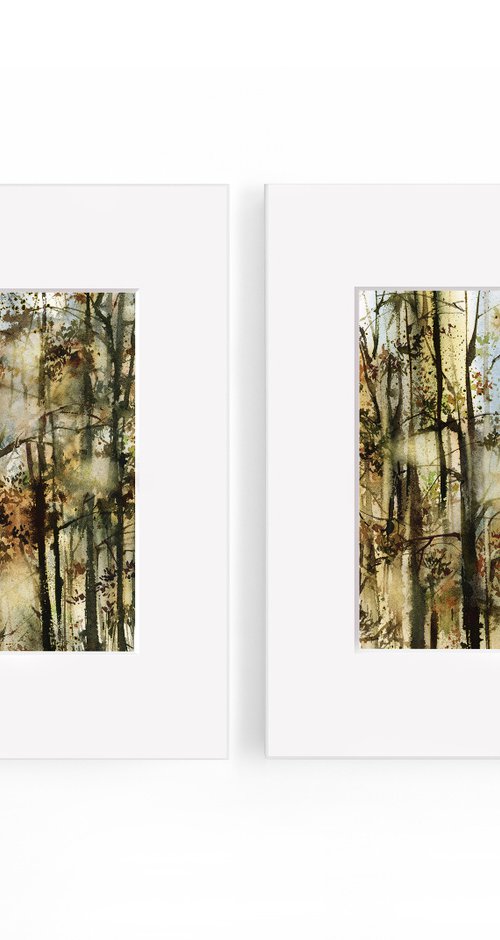 Forest Watercolor Painting Diptych, Abstract Trees Nature Landscape 2 Paintings Set by Sophie Rodionov