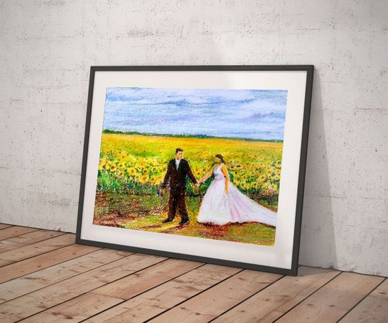 Newlyweds in a romantic Sunflower field