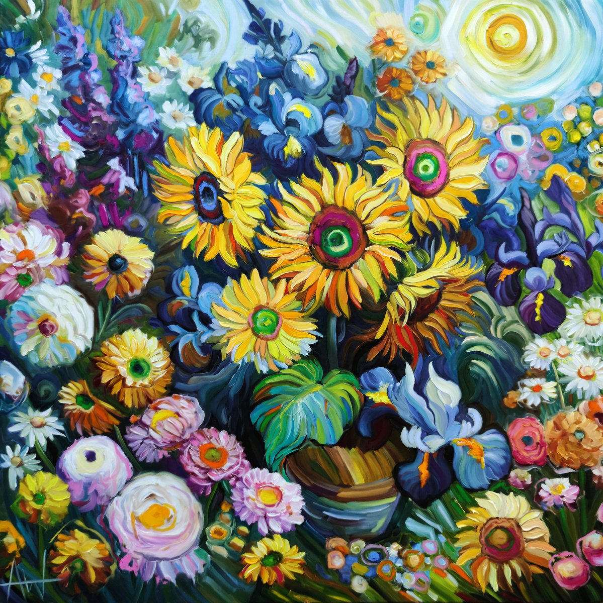 Impressionistic Landscape Oil Painting By Angie Wright, 31 X 31, The Sunshine Patch Of Van Gogh, Original Artwork