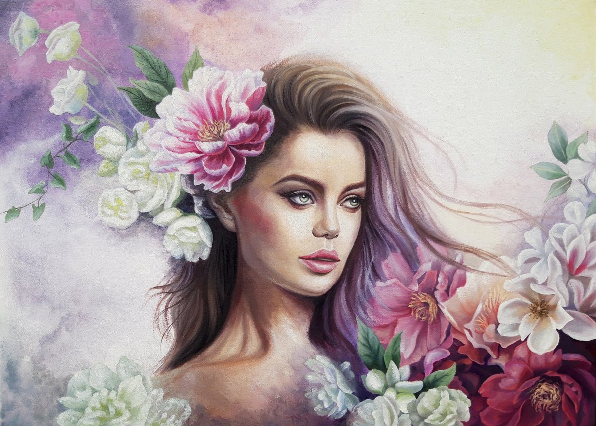 Spring mood, oil woman painting, female floral art by Anna Steshenko