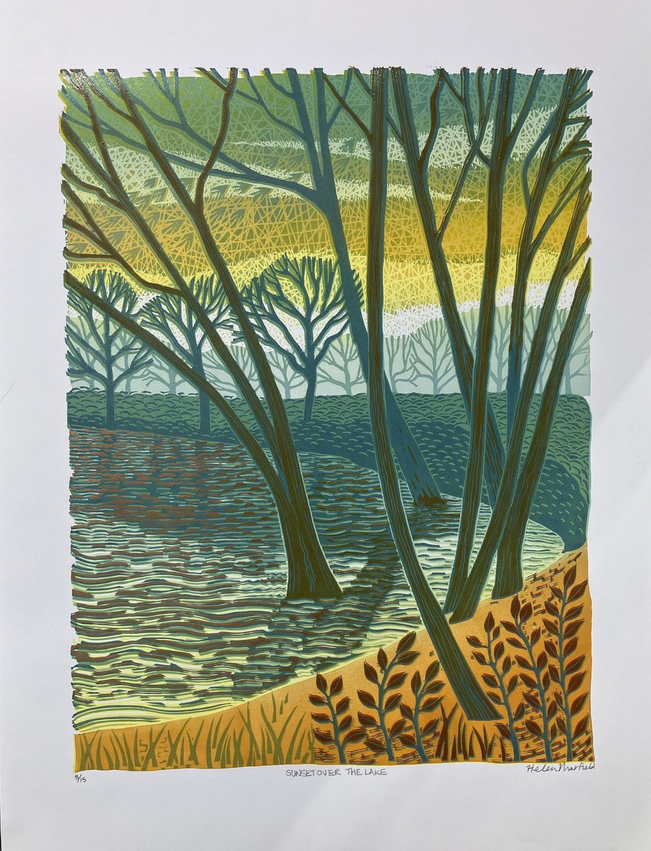Impressionistic Landscape Linocut By Helen Maxfield, 15 X 20, Sunset On The Lake, Original Artwork