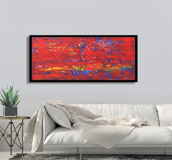 Red salmon river, spatula rough surface, 50x100 cm, warm volor, framed