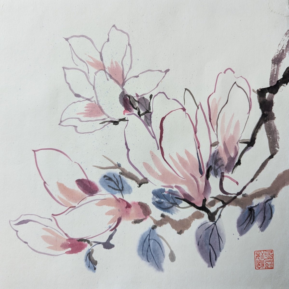 Expressive Botanical Watercolour By Katia Boitsova, 20 X 20", Magnolia In Bloom, Original Artwork