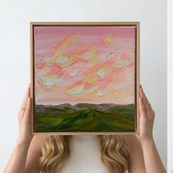Impressionistic impasto clouds pink green