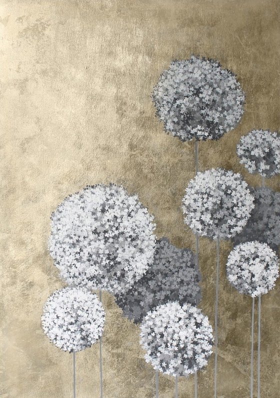 "Gold Flower Balls" Abstract gold gray art