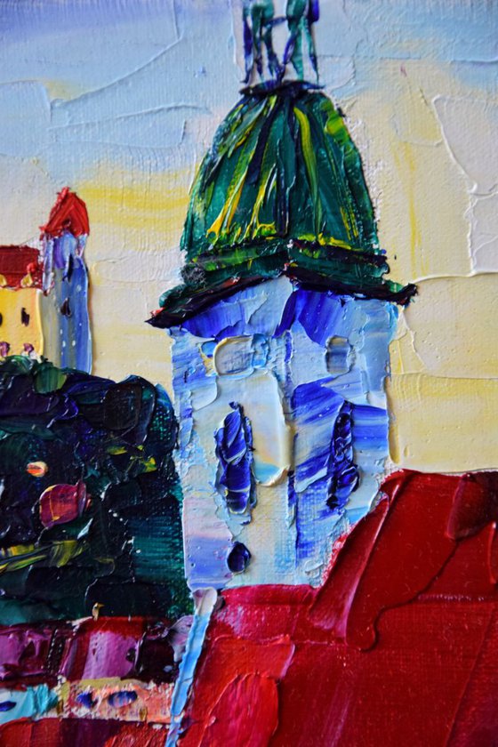 Sunset city Impasto OIL PAINTING on canvas Bratislava Castle in Slovakia, palette knife impressionistic art