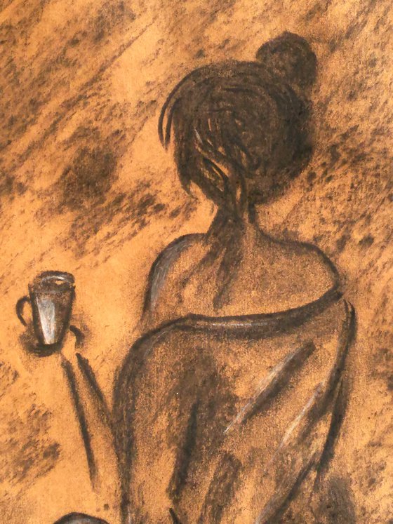 Coffee Time Painting Woman Original Art Morning Coffee Charcoal Drawing Artwork People Home Wall Art 12 by 17" by Halyna Kirichenko