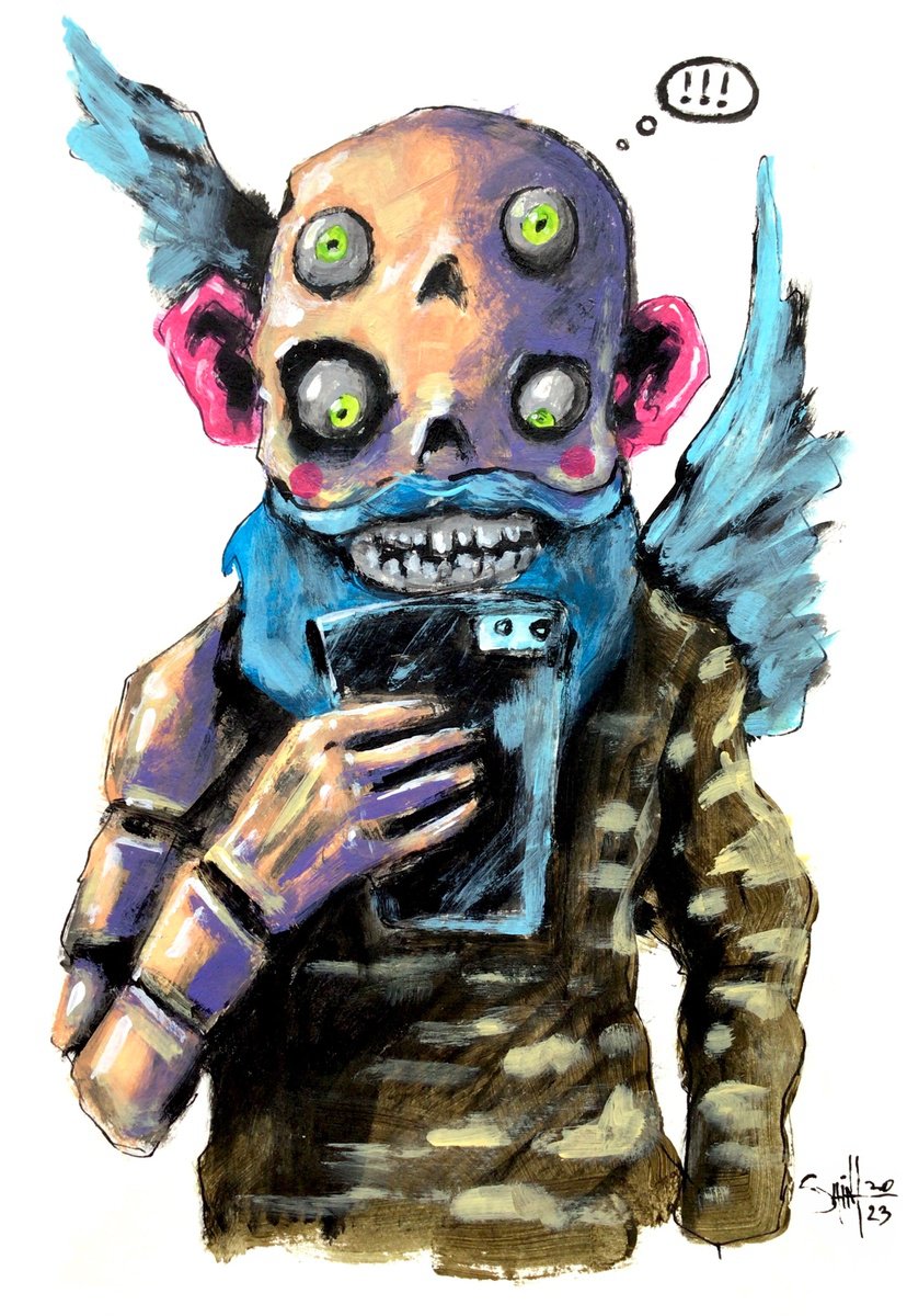 #107 Smartphone zombie portrait painting original art, Horror Naive Outsider Folk Art Brut... by Ruslan Aksenov