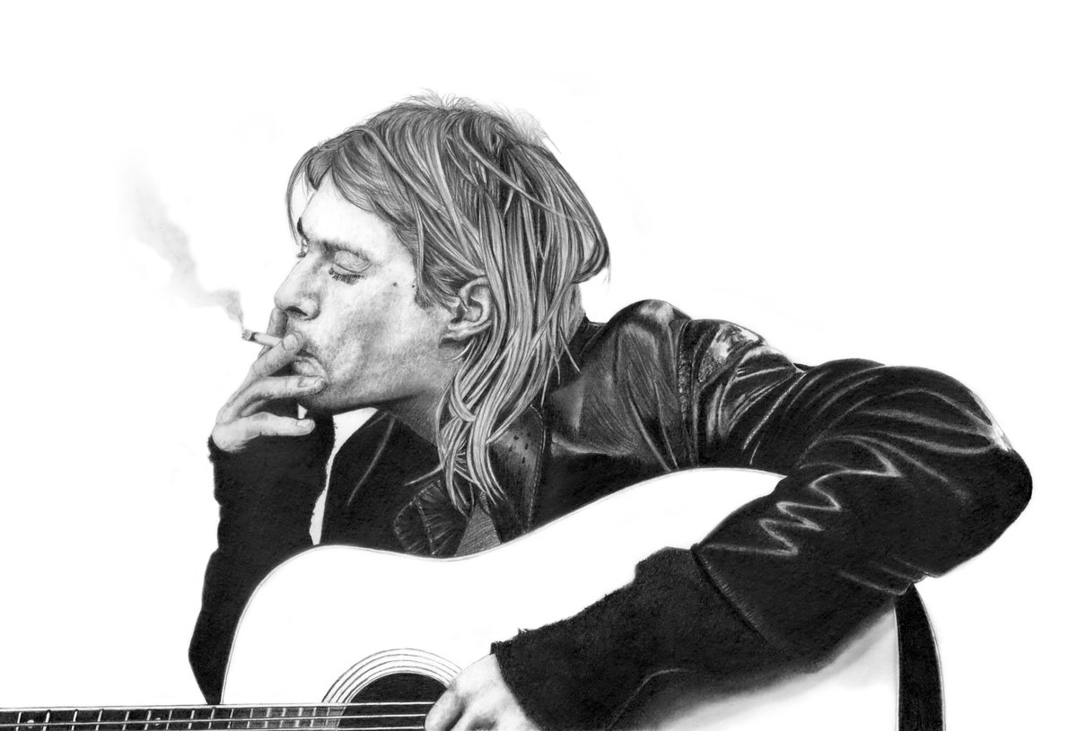 Photorealistic Portrait Pencil Drawing By Paul Stowe, 21 X 15", Kurt Cobain, Original Artwork