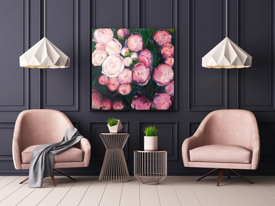 Blossoming Splendor: Pink Peonies Oil on Linen Canvas