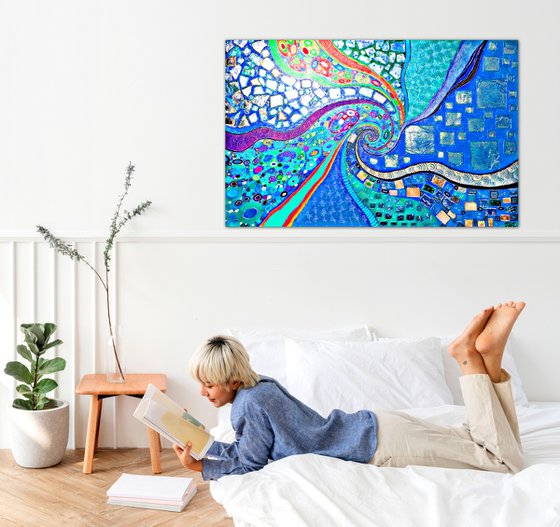 Large turquoise blue abstract painting. Vivid spiral abstract sea \ ocean wave.