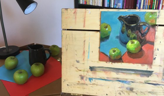 Kitchen Decor - Apples on Red and Blue, One of a kind artwork, Home decor