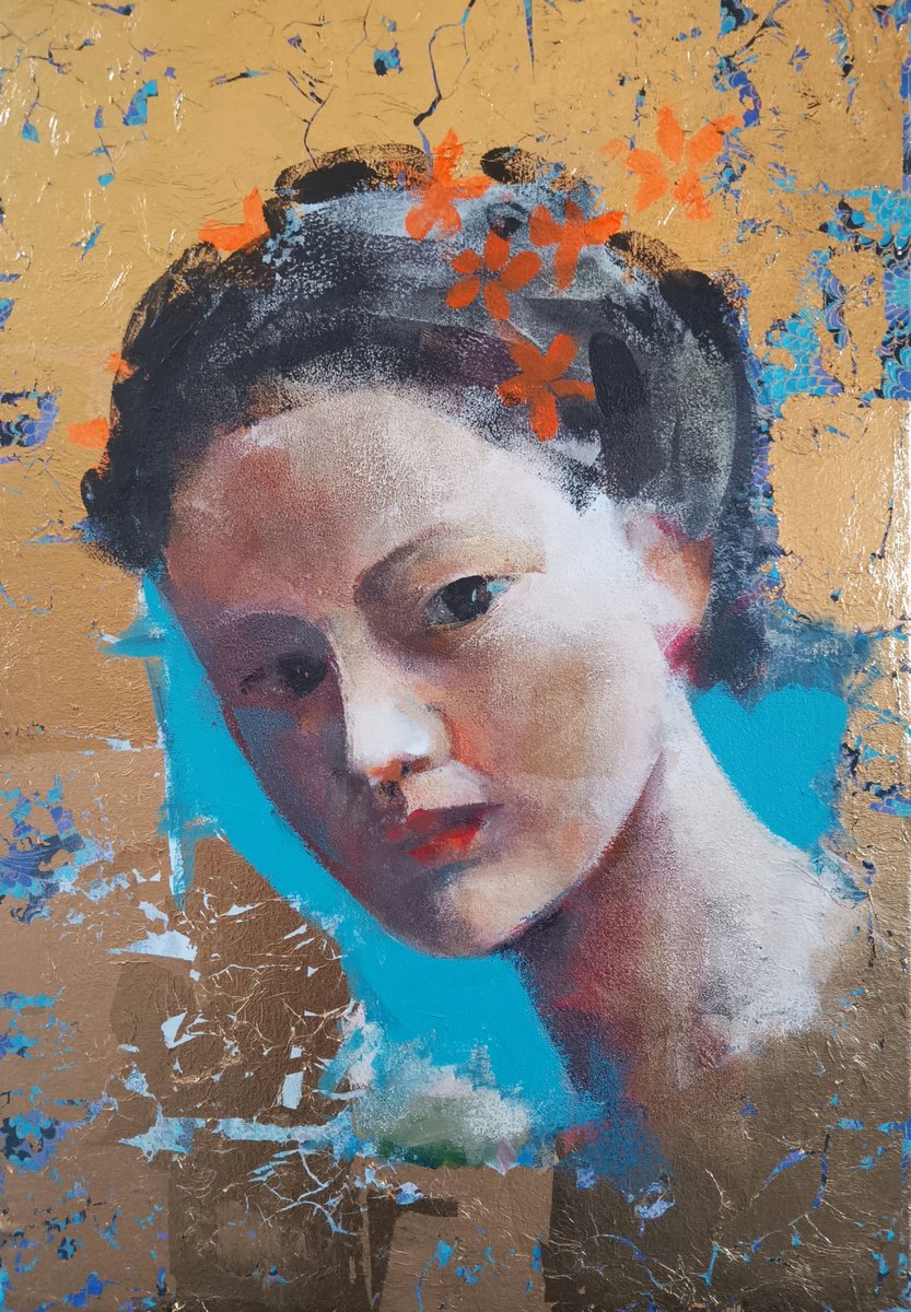 Expressive Portrait Acrylic Painting By Marina Del Pozo, 15 X 22", Little Gheisa #1, Original Artwork