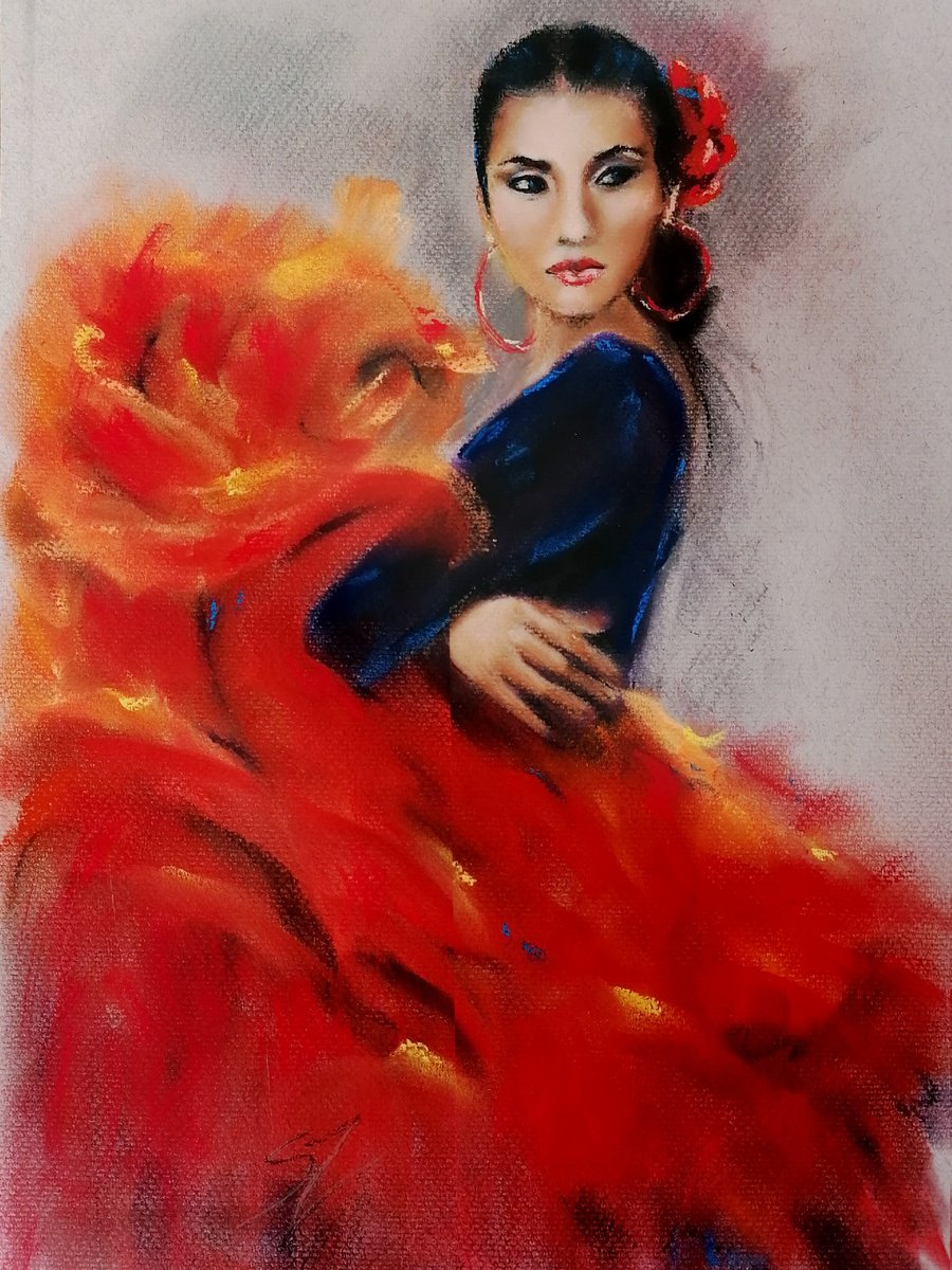 Impressionistic Portrait Painting By Susana Z. Harris, 12 X 16", Flamenco Dancer 57, Original Artwork
