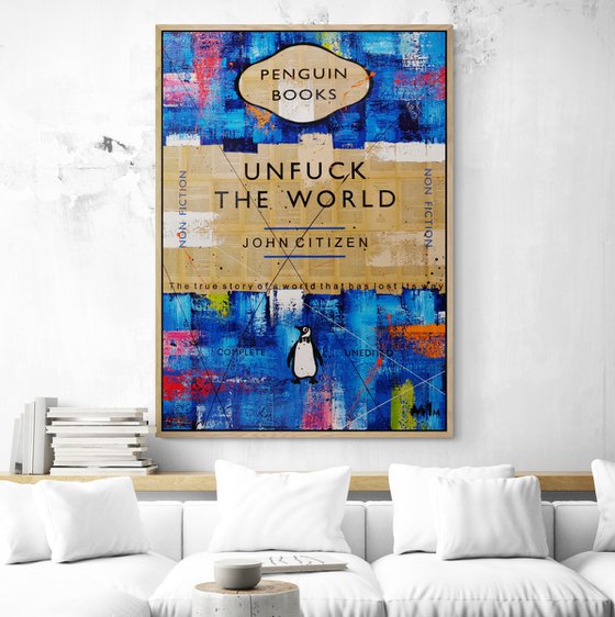 Unfuck The Blue World 140cm x 100cm Textured Book Page Urban Pop Art