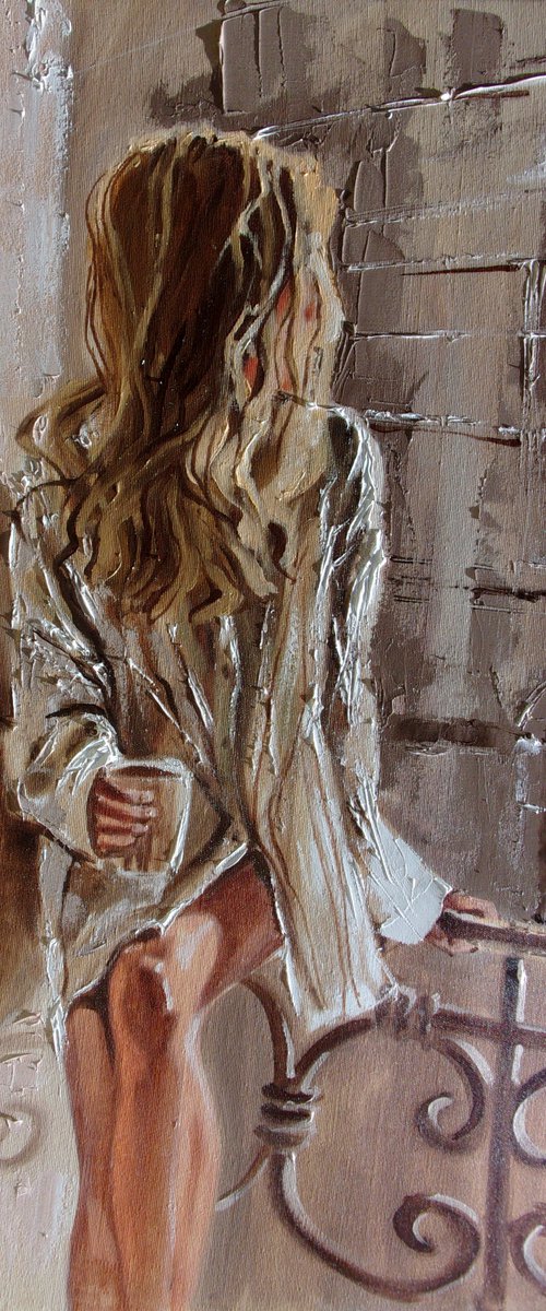 " STAY HOME ... "-   liGHt  ORIGINAL OIL PAINTING, GIFT, PALETTE KNIFE nude WINDOW by Monika Luniak
