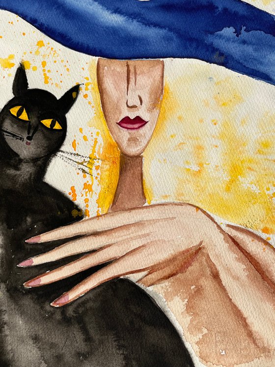 Black Cat Painting Woman Original Art Faceless Portrait Watercolor Blue Hat Artwork Home Wall Art 11 by 15 by Halyna Kirichenko