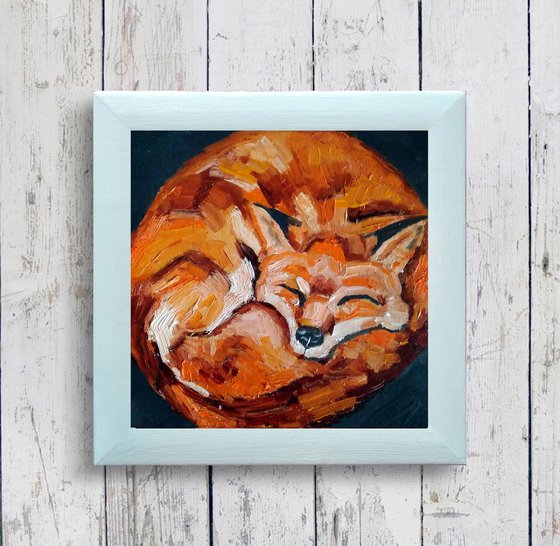 Sleeping Fox 2, Fox painting Original Art Animal Artwork Small Oil Wall Art