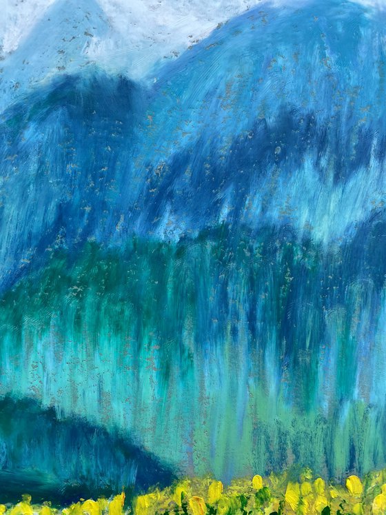 Mountain Original Painting, Oil Pastel Drawing, Green Landscape Artwork, Nature Wall Art