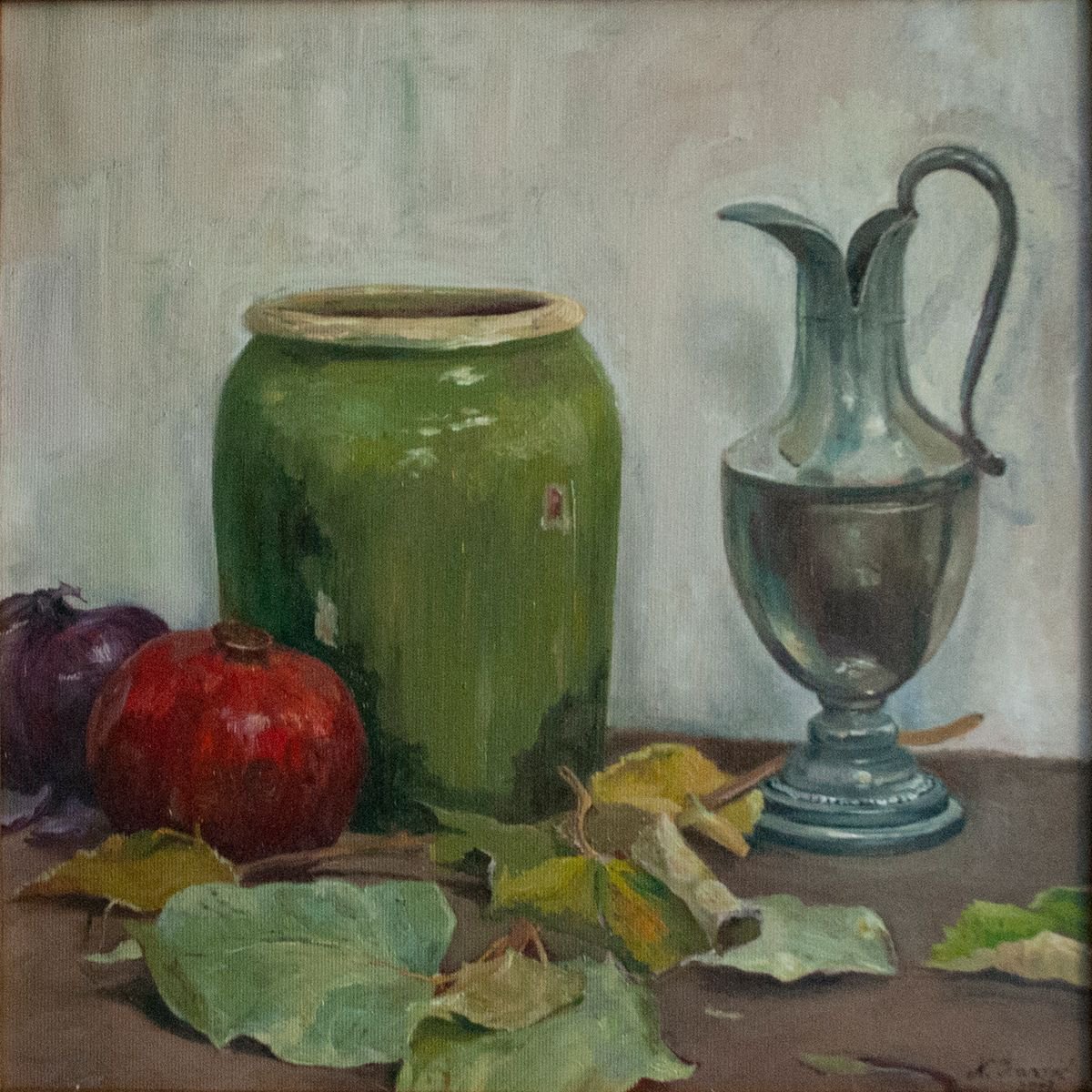Still Life Oil Painting By Nikola Ivanovic, 17 X 17", The Silver Jug, Original Artwork