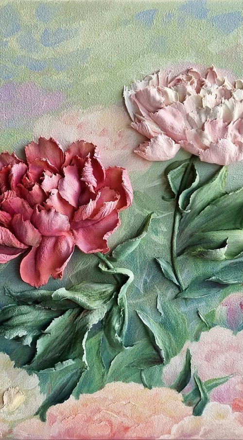 Flower painting with dancing peonies in the garden. Ladies' choice dance. 3d relief red and pink-cream petals. by Irina Stepanova