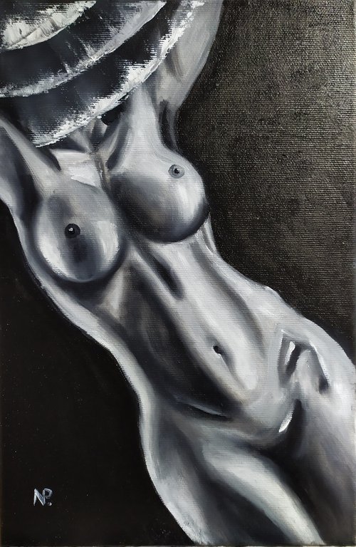 In a hat, original nude erotic black and white gestural girl oil painting by Nataliia Plakhotnyk