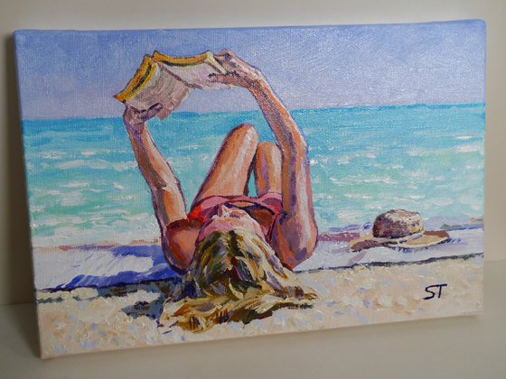 "GIRL, BOOK, SEA, BEACH." ORIGINAL  PAINTING, READY TO HANG, WALL DECOR, GIFT IDEA