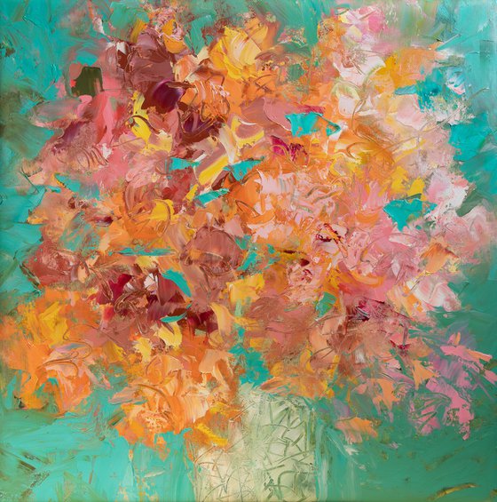 Bunch of orange, pink and dark red flowers Bouquet in a vase Turquoise background Impasto oil