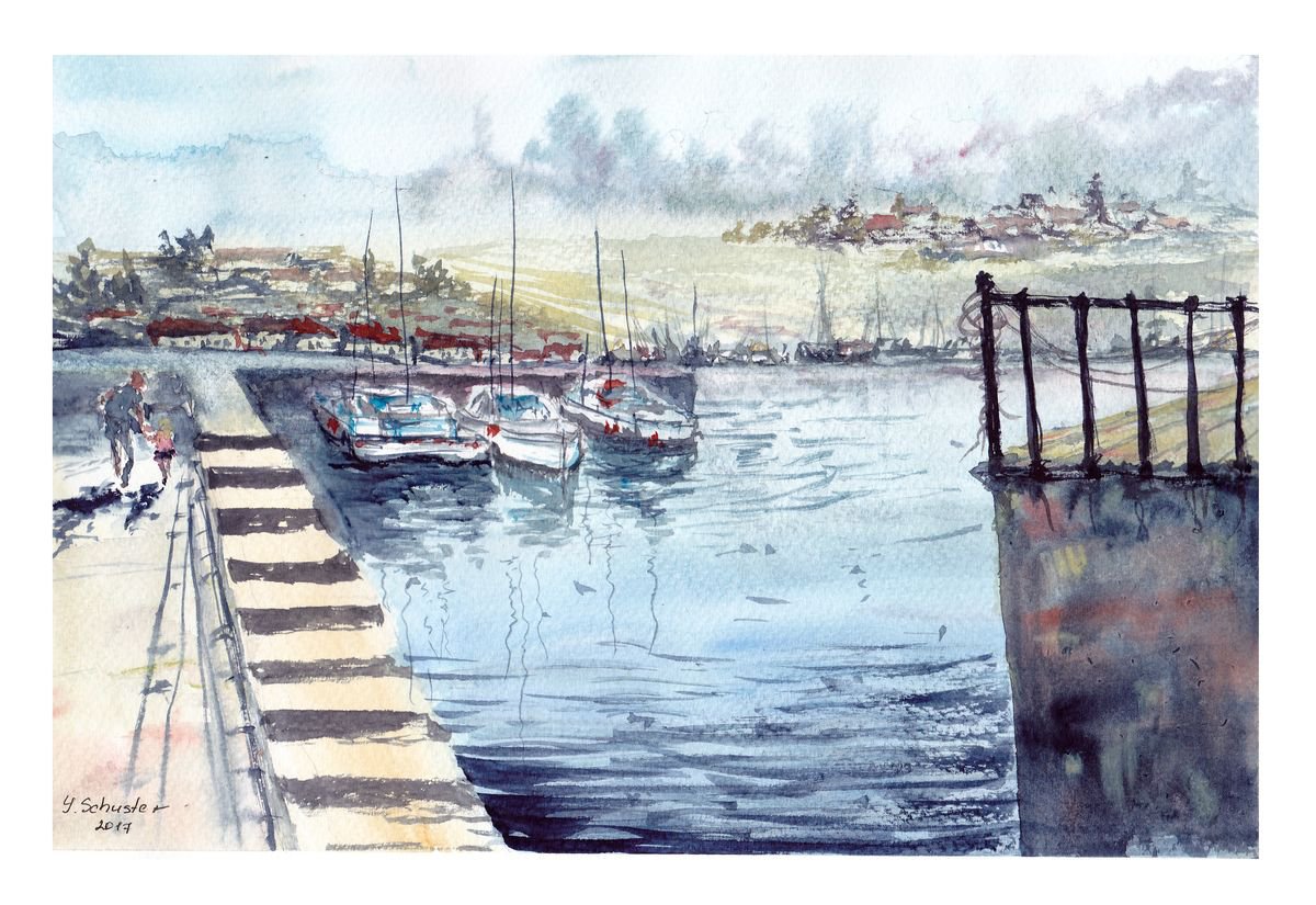 Impressionistic Landscape Watercolour By Yulia Schuster, 12 X 8", Boats, Original Artwork