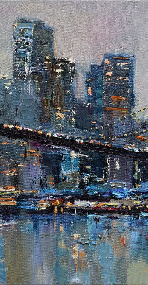 Brooklyn Bridge - New York City - Evening urban landscape painting by Anastasiia Valiulina