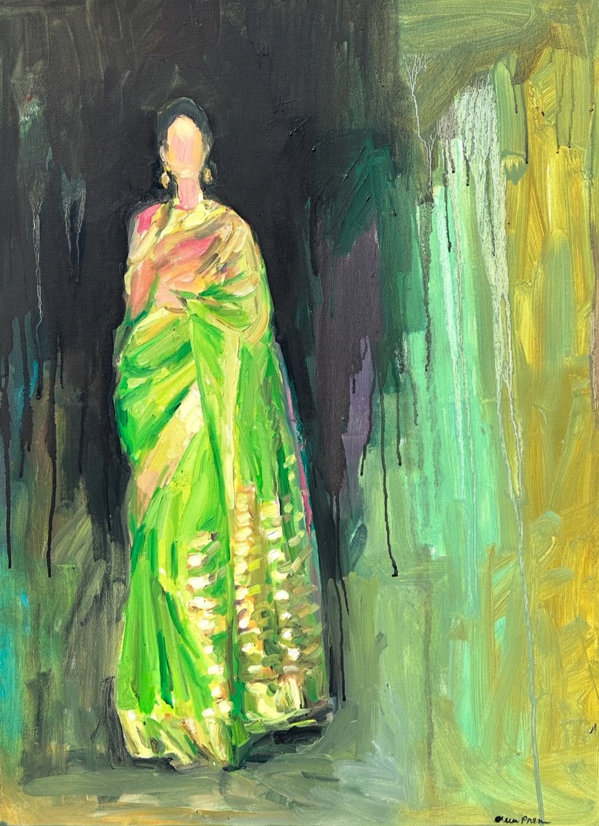 Expressive Portrait Oil Painting By Arun Prem, 18 X 24, Woman Of India 15 Green Gold, Original Artwork