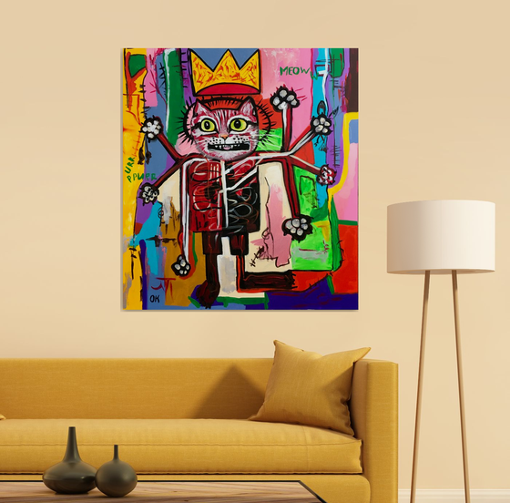 KING TROY the cat, ( 102 x 91 cm, 40 x 36 inches),  multi-armed, multitasking, inspired by Basquiat and Indian culture, solving the problems of the modern rapidly changing world in parallel and seamlessly