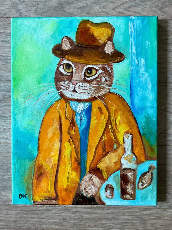 Cat  with a wine glass  inspired by portrait of Amedeo Clemente Modigliani