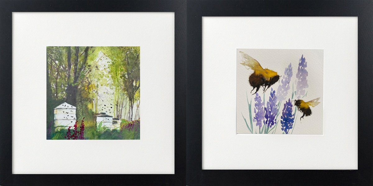 Expressive Watercolour , Two Bee Scenes Framed By Teresa Tanner, 10 X 10, Artwork For Sale On Artfinder