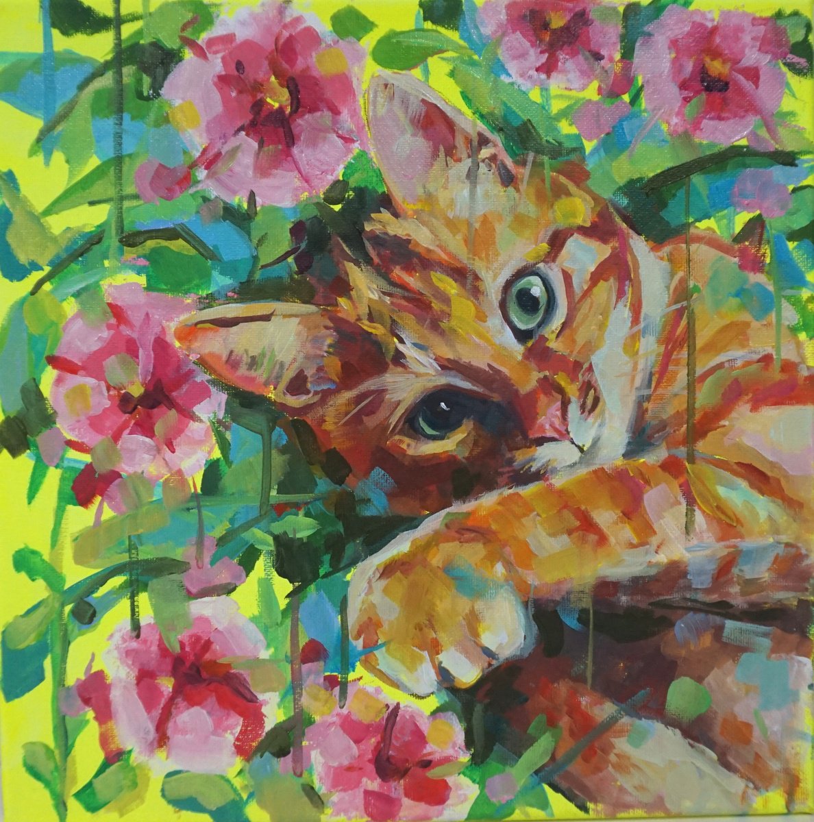 Impressionistic Animal Painting By Amaya Fernandez Fariza, 12 X 12, Colorful Cats 3, Original Artwork
