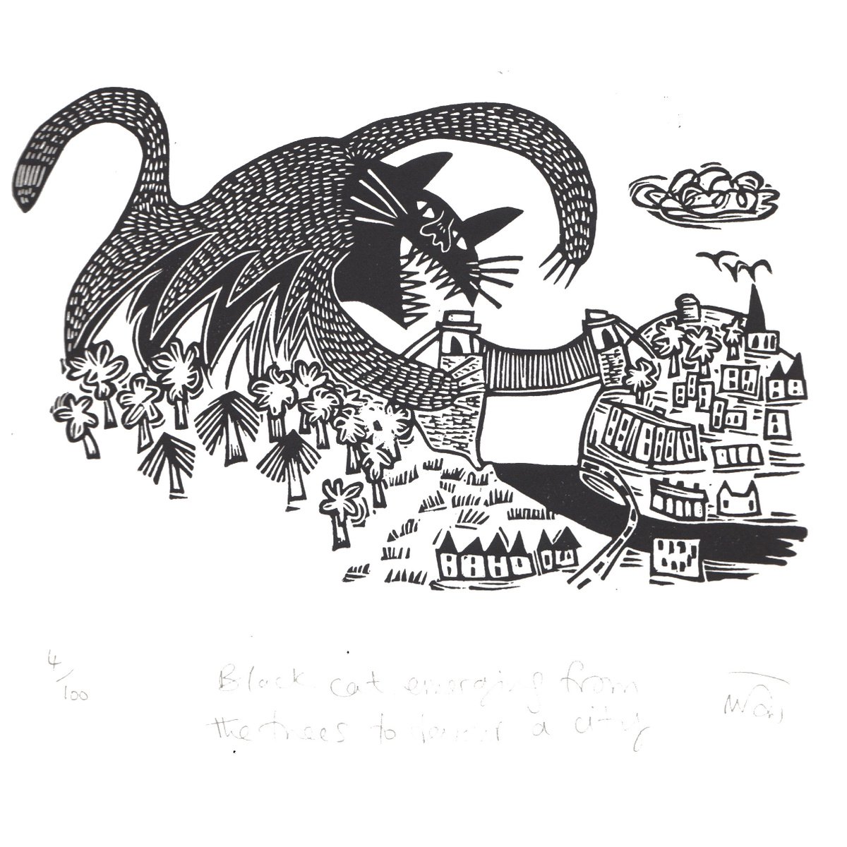 Black Cat Emerging From the Trees to devour a City by Melanie Wickham